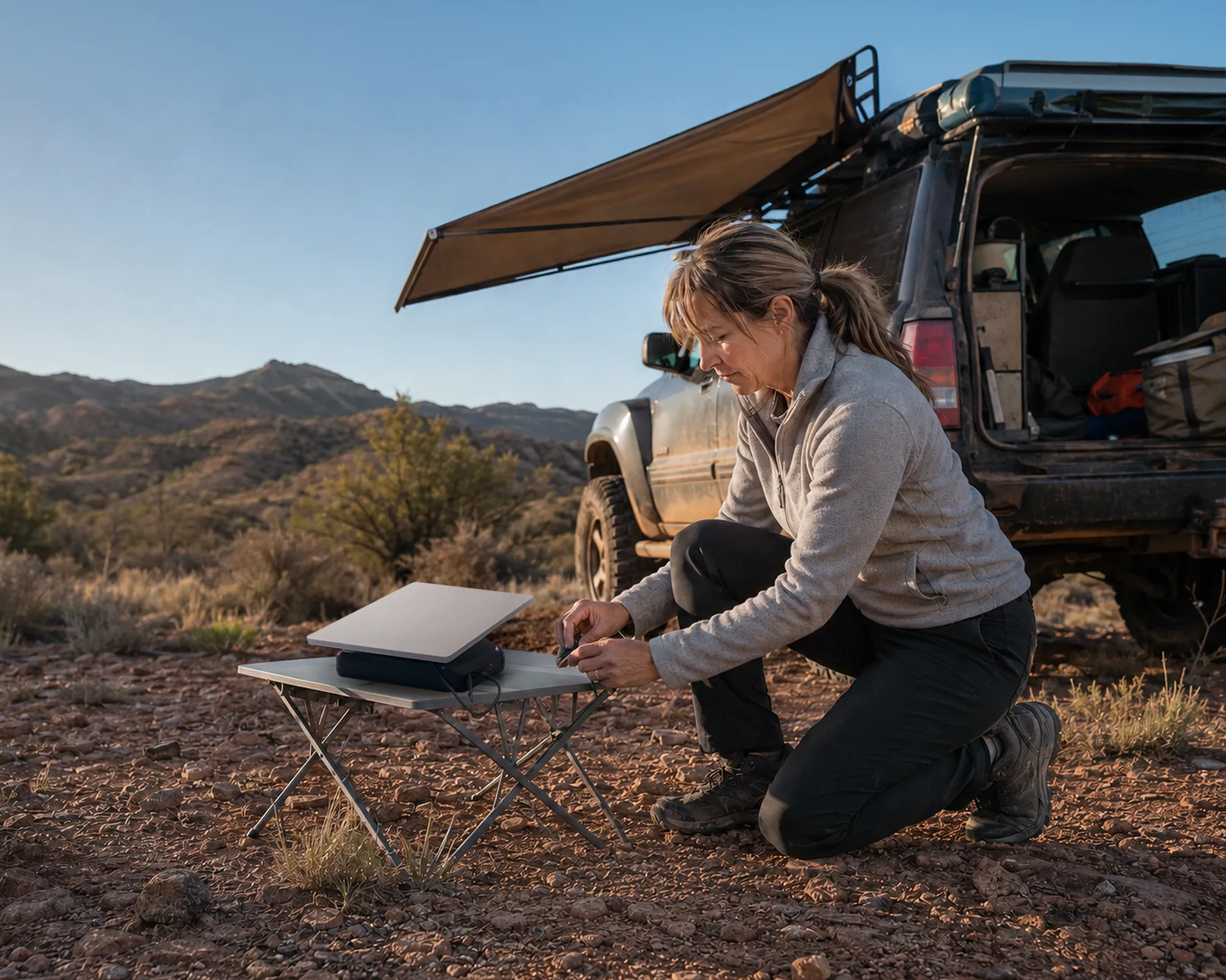 woman in outback kneeling down beside small table with StarlinkMIni dish and battery setup