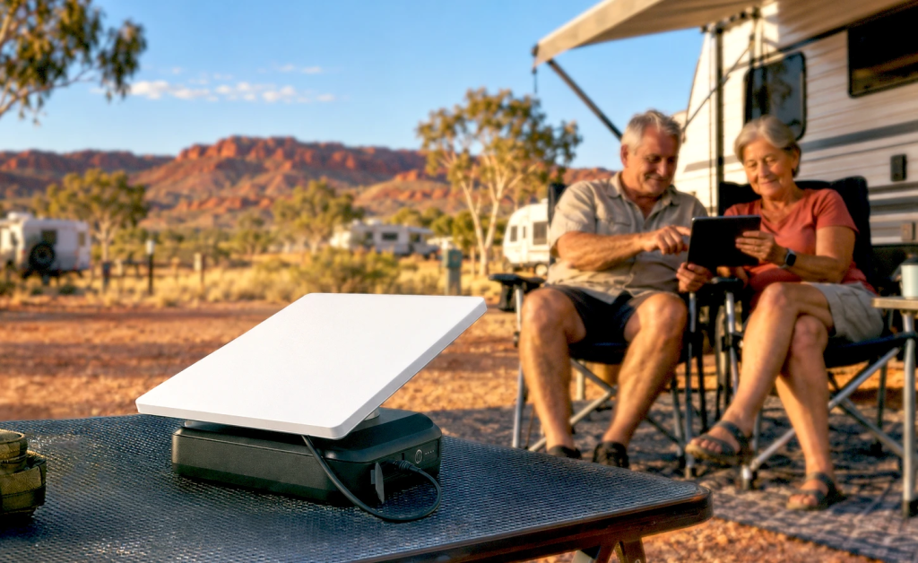 man in forest with tablet and starling mini sitting on a table outside his vehicle